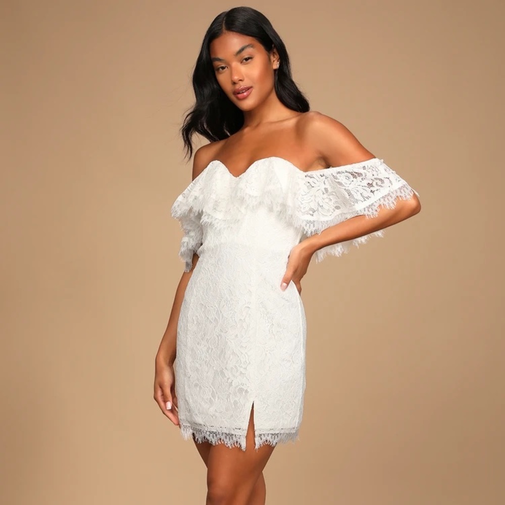 Lulus Let Love Win White Lace Off-the-Shoulder Bodycon Mini Dress NWG Bridal